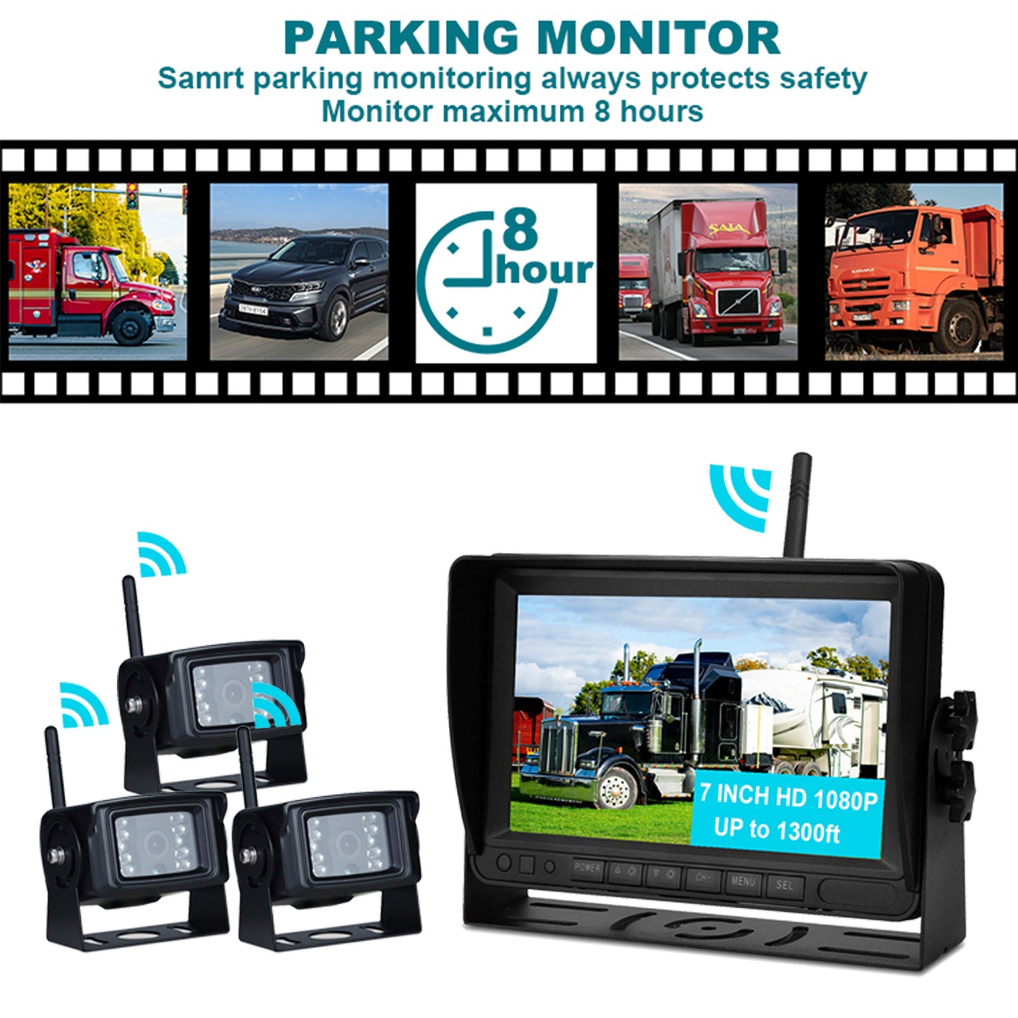 3 Camera Wireless AHD 1080P Backup Camera System with 7" Split Screen Monitor & DVR Recording for Truck, RV, Trailer