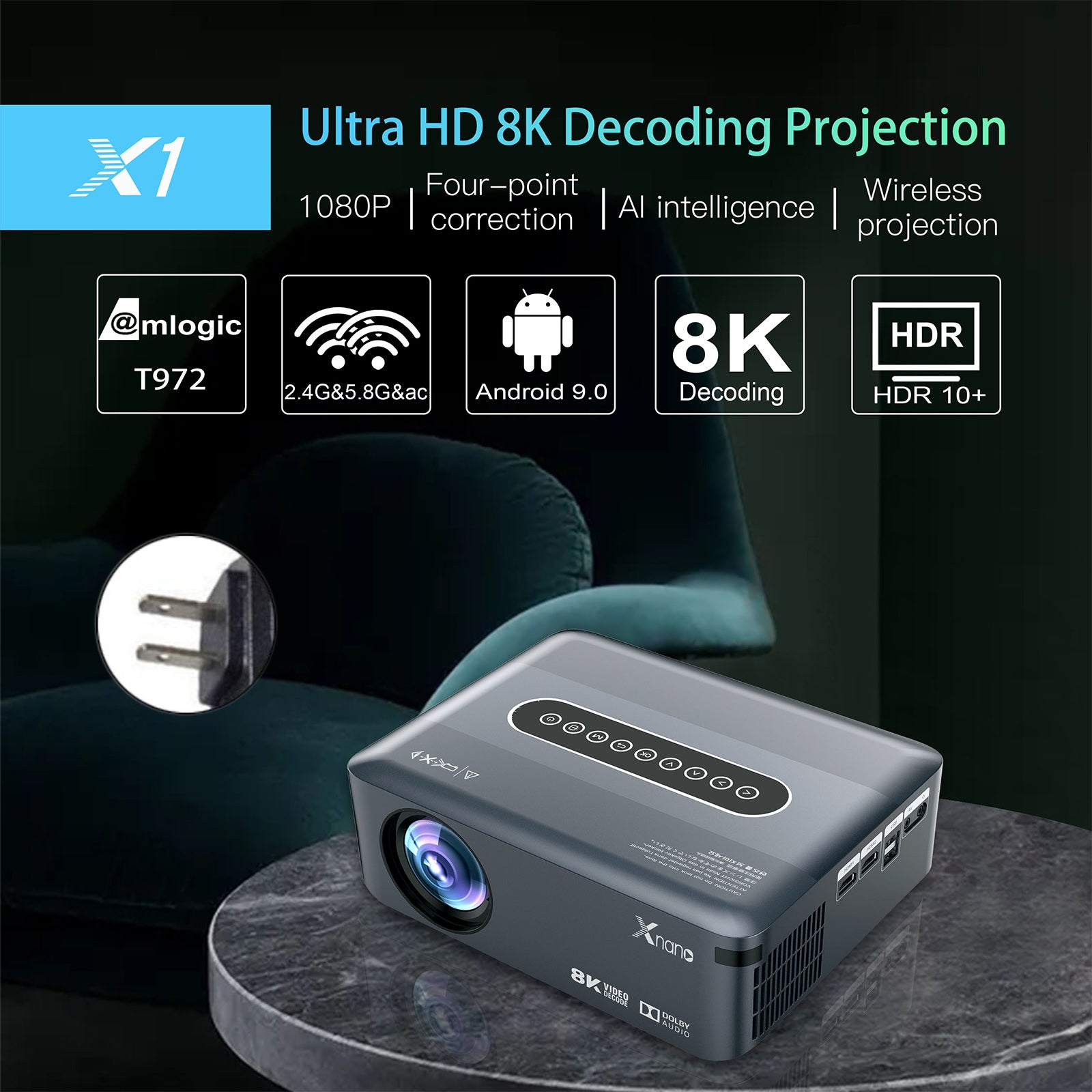 Native 1080p Smart Projector with Android 9.0, WiFi & Bluetooth, Supports 8K/4K, Home Theater Movie Projector with Voice Remote