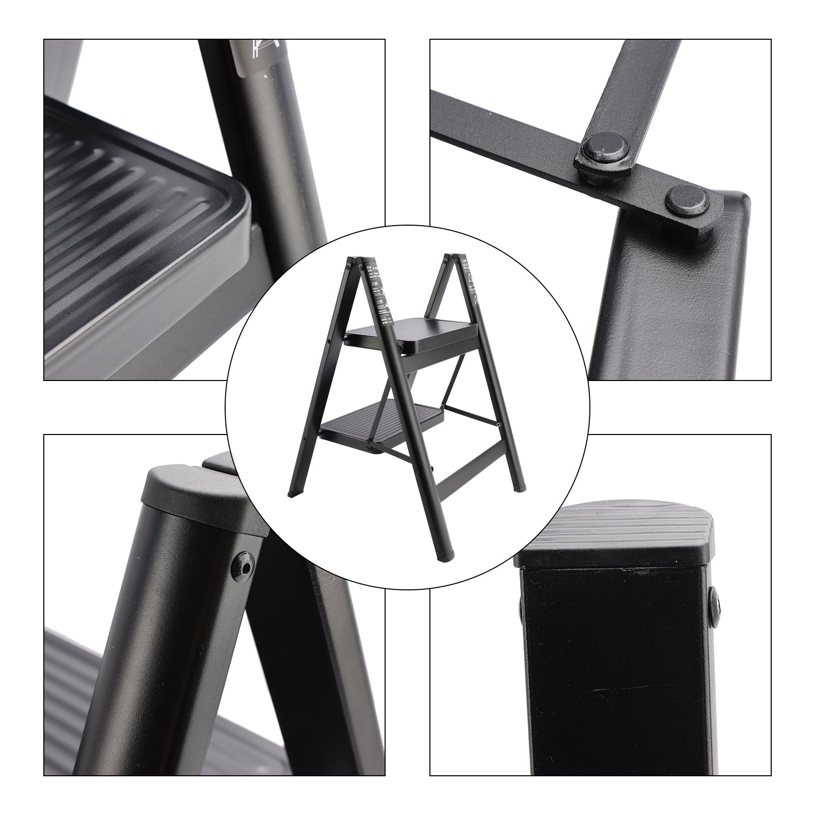 2-Step Ultra-Slim Folding Step Stool, 2" Thick Carbon Steel with Wide Anti-Slip Pedals, 330 lbs Capacity (Black)