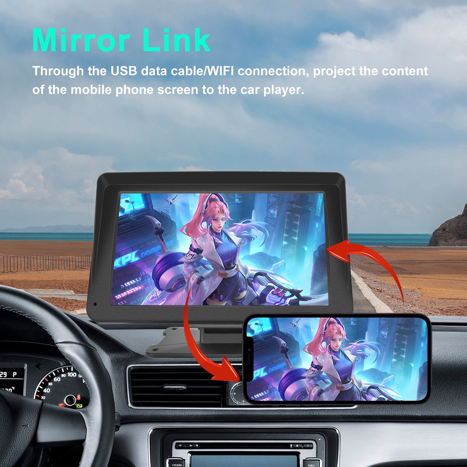 7-inch Car Display Screen Apple CarPlay Android Auto Apple AirPlay 12 LED Camera