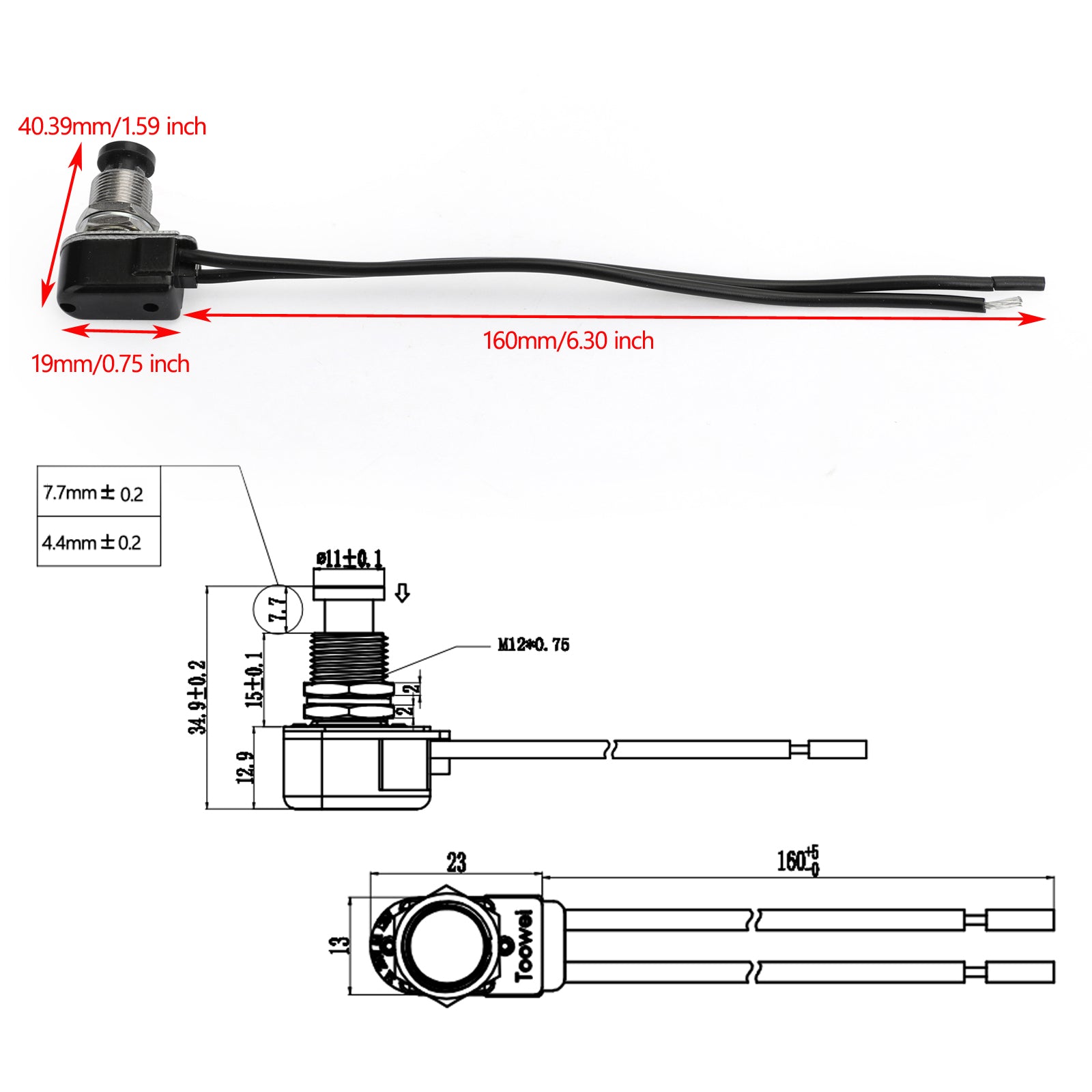 5pc Normally Open Momentary Self-resetting Push Button Reset Switch w/Wire Black