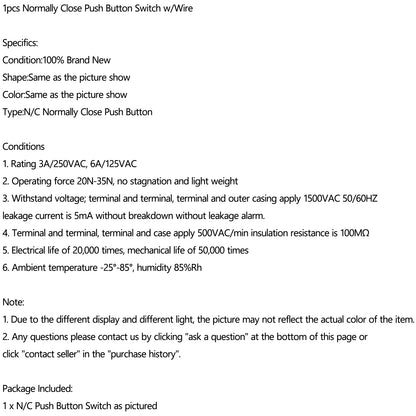 1pc Normally Closed Momentary Self-resetting Push Button Reset Switch w/Wire Red