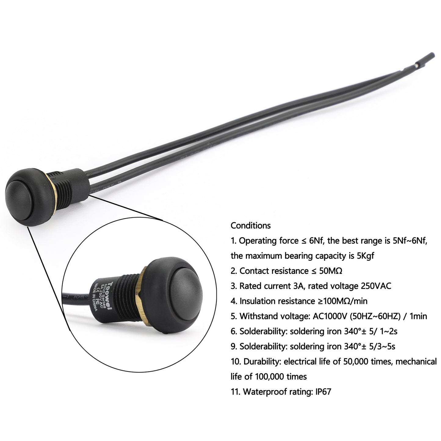 1Pcs Waterproof Push Button Switch Self-Locking Industrial Grade w/Wire Black