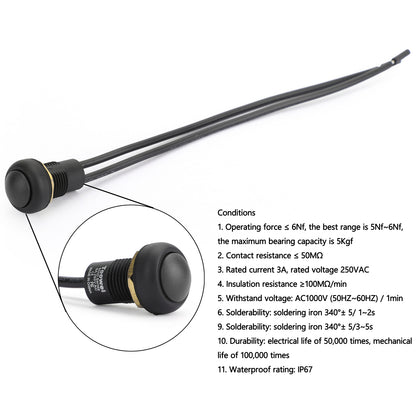 1Pcs Waterproof Push Button Switch Self-Locking Industrial Grade w/Wire Black