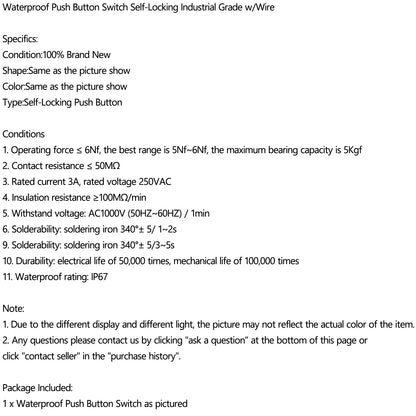 1Pcs Waterproof Push Button Switch Self-Locking Industrial Grade w/Wire Black