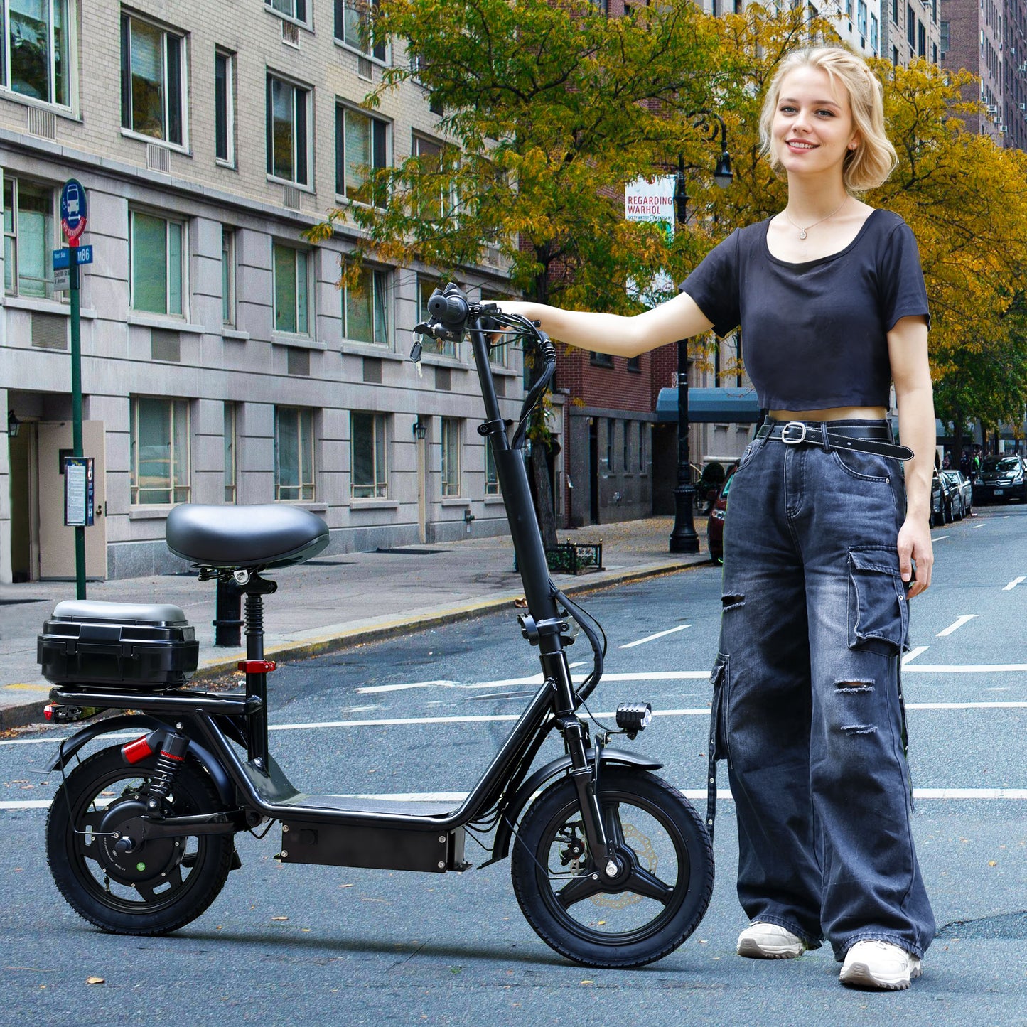 500W Adult Shock Absorption Electric Scooter with Seat 14" Commuter Electric Scooter With Carry Basket - Up to 30 Miles 20MPH