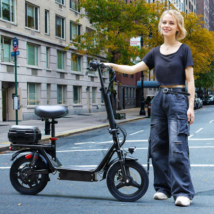 500W Adult Shock Absorption Electric Scooter with Seat 14" Commuter Electric Scooter With Carry Basket - Up to 30 Miles 20MPH