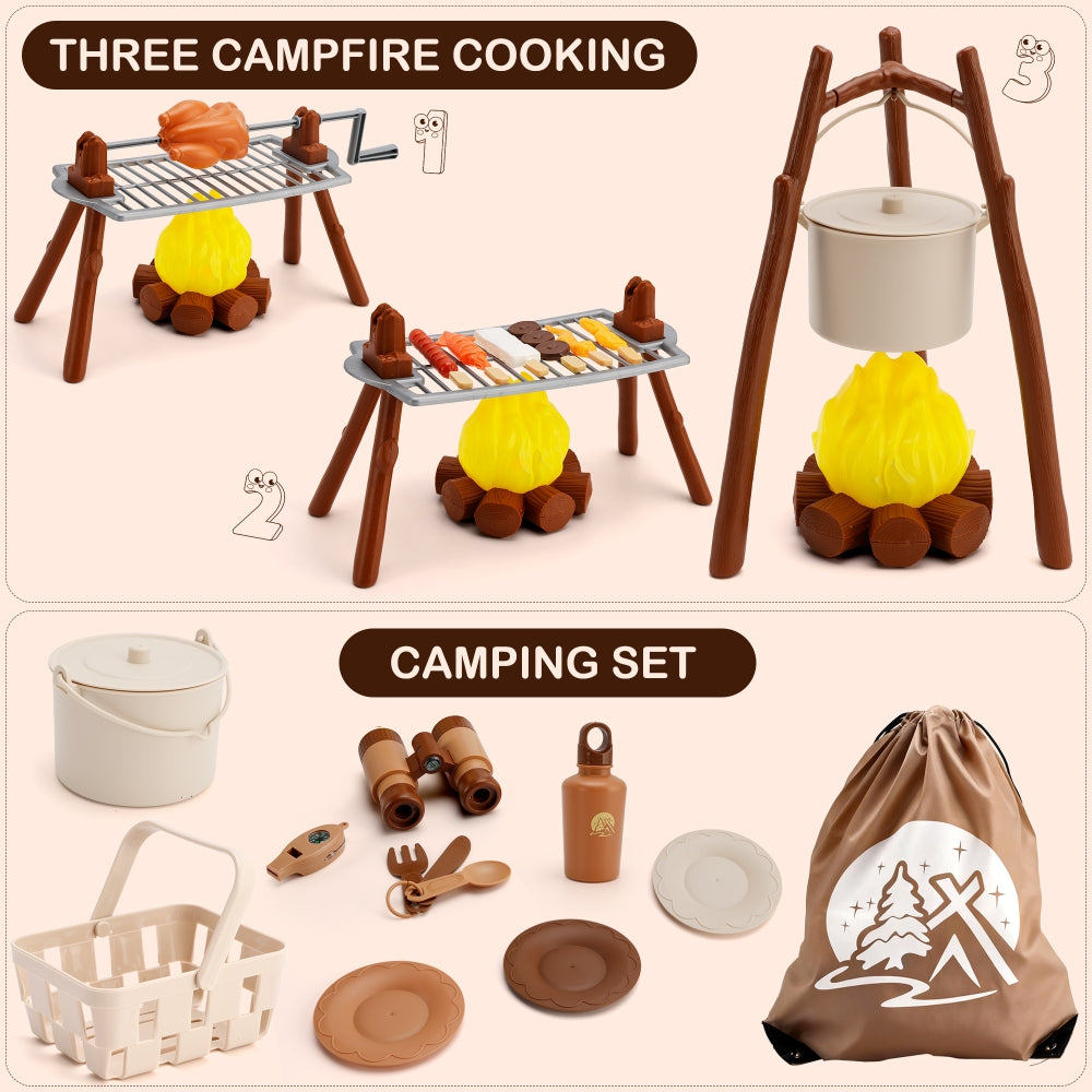 Kids Camping Set with Tent 34Pcs Camping Pretend Play Set with Light-Up Campfire