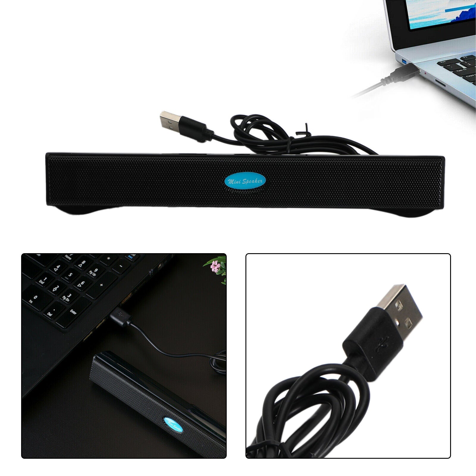 USB Power Computer Speakers Stereo Sound Bar With Clip for Desktop Laptop Black