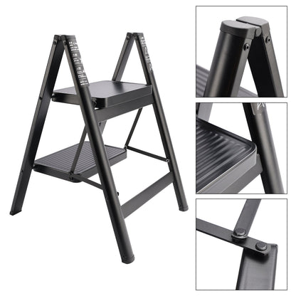 2-Step Ultra-Slim Folding Step Stool, 2" Thick Carbon Steel with Wide Anti-Slip Pedals, 330 lbs Capacity (Black)