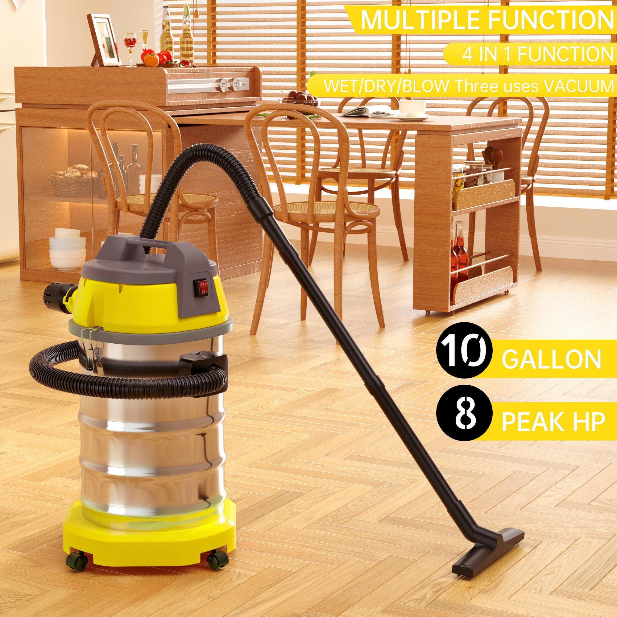 10-Gal Stainless Steel Wet Dry Vac - 8 Peak HP, Commercial Power for Shop & Garage