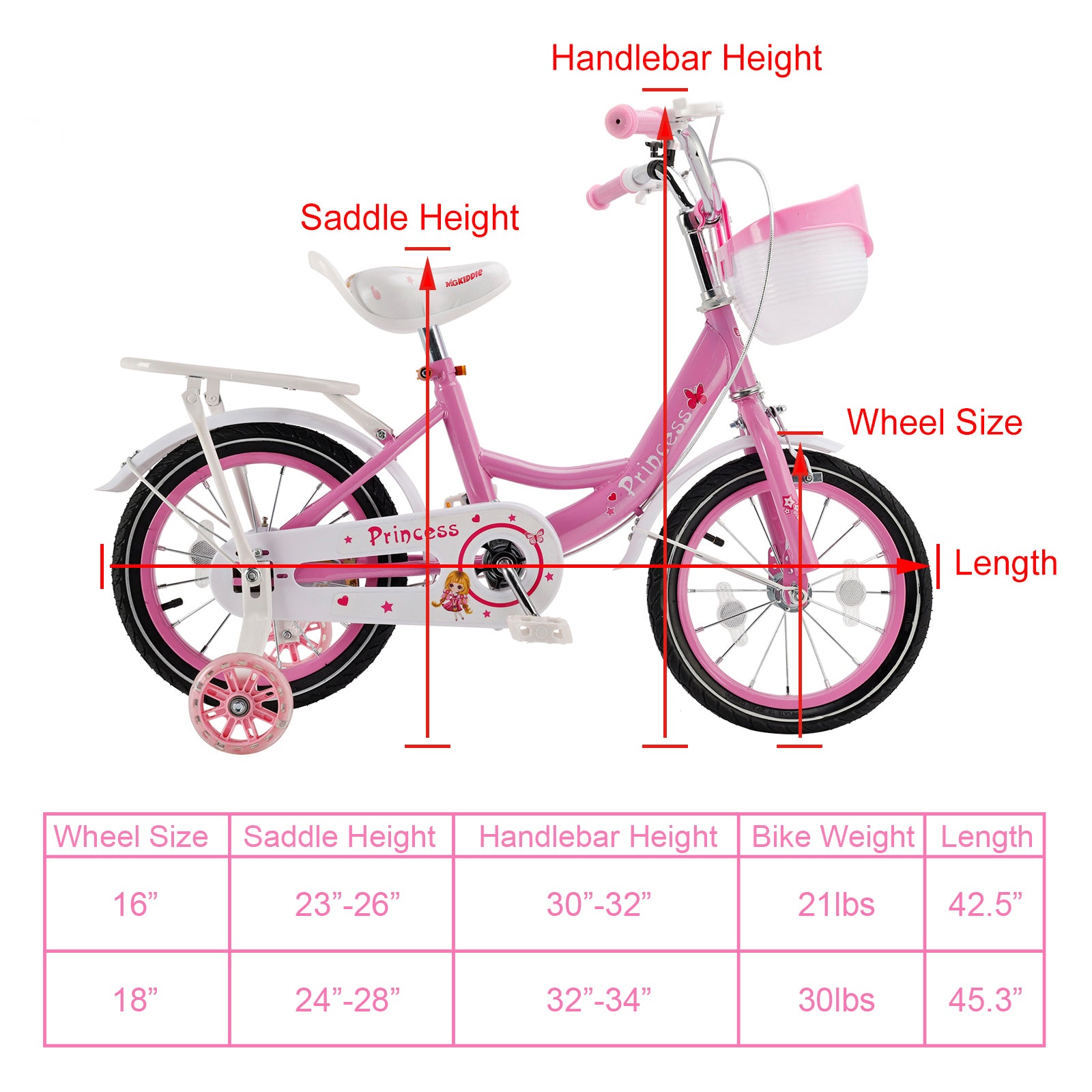18" Children Princess Bicycle Girls Bike with Training Wheels Basket Pink