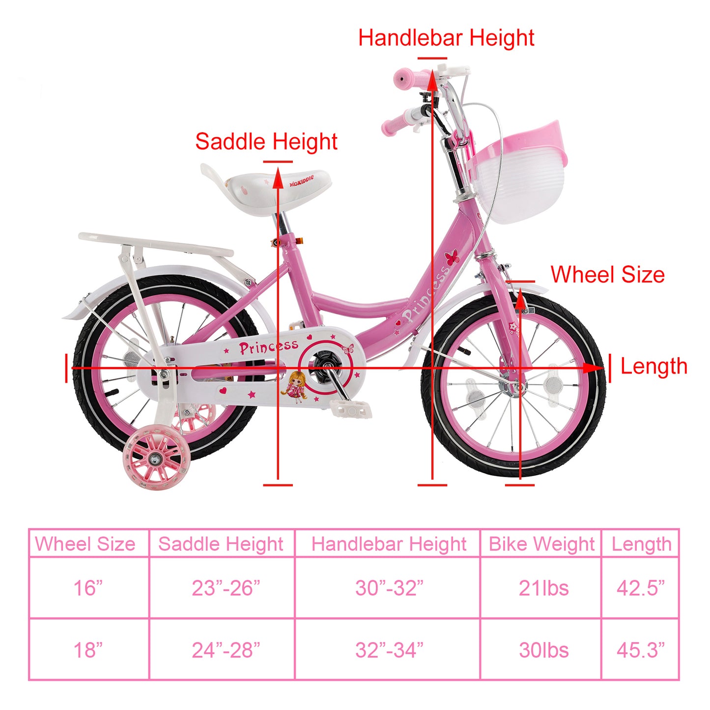 16"/18" Children Princess Bicycle Girls Bike with Removable Training Wheels Pink