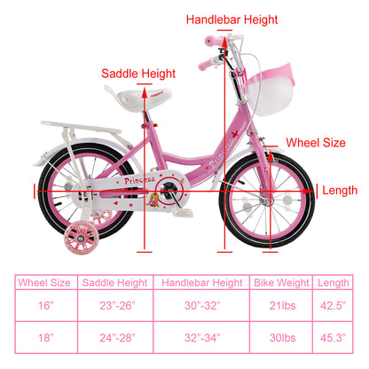 16"/18" Children Princess Bicycle Girls Bike with Removable Training Wheels Pink