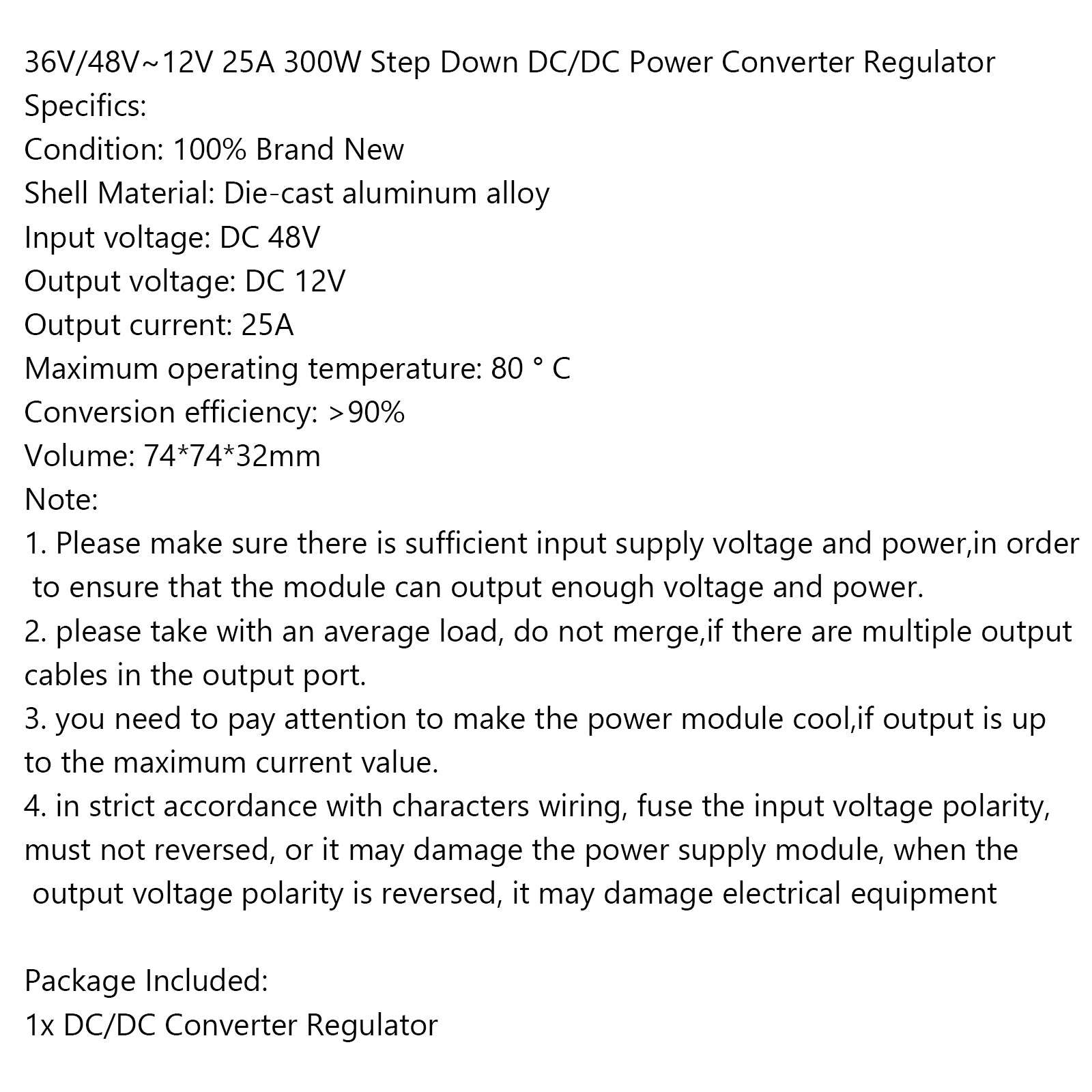WaterProof 36V/48V to 12V 25A 300W Step Down DC/DC Power Converter Regulator
