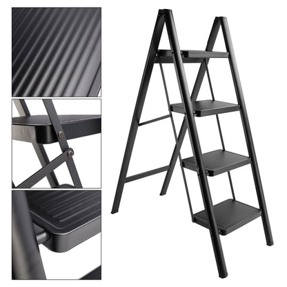 4-Step Ultra-Slim Folding Ladder, 2" Thick Carbon Steel Step Stool with Wide Anti-Slip Pedals, 330 lbs Capacity (Black)