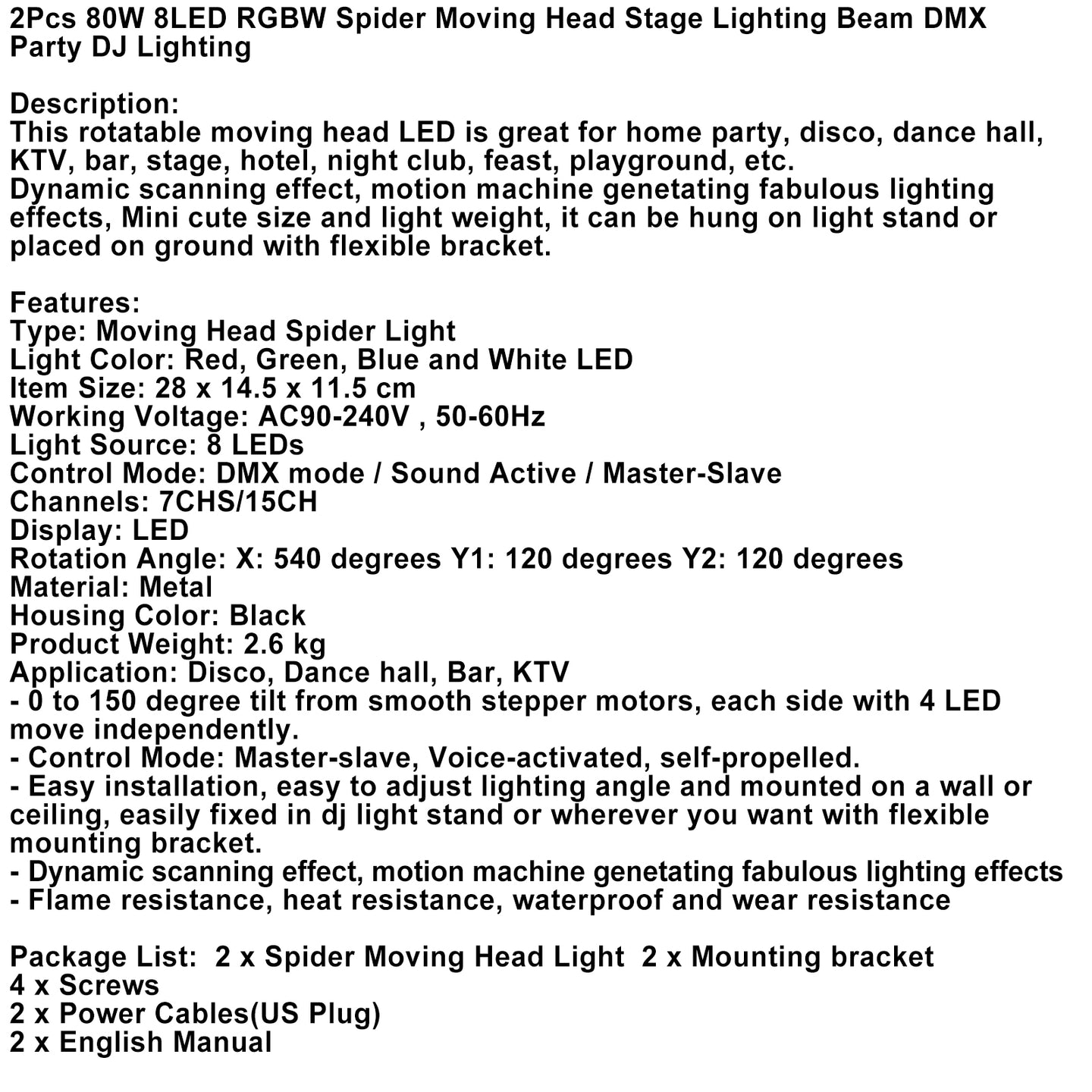 2Pcs 80W 8LED RGBW Spider Moving Head Stage Lighting Beam DMX Party DJ Lighting
