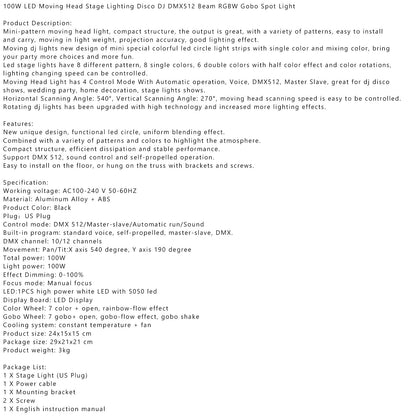 100W LED Moving Head Stage Light – RGBW Beam Spot Gobo DMX512 DJ Disco Party Lighting