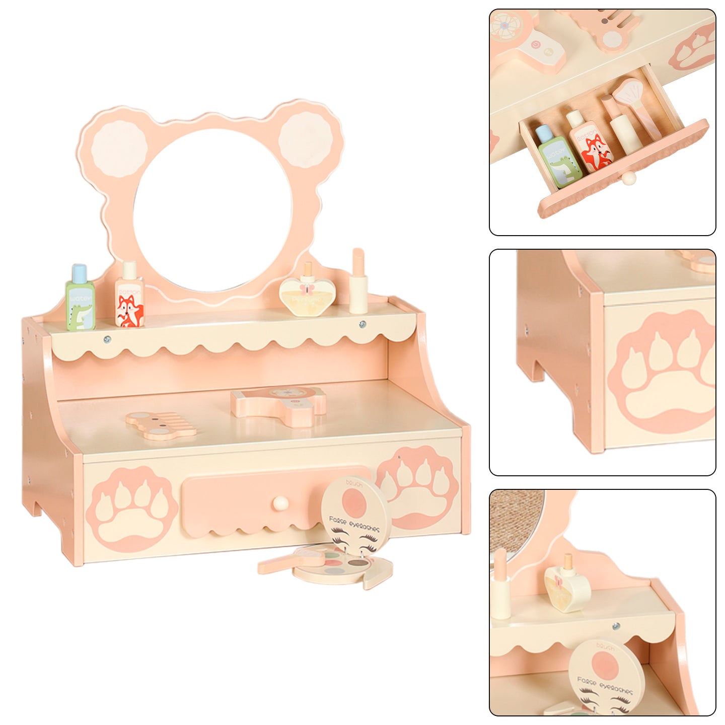Kids Vanity Set with Storage Drawer Little Girls' Makeup Table with Mirror Toddler Pretend Play Vanity Desk with 8 Makeup Accessories Princess Vanity for 3+ Years Old Kids