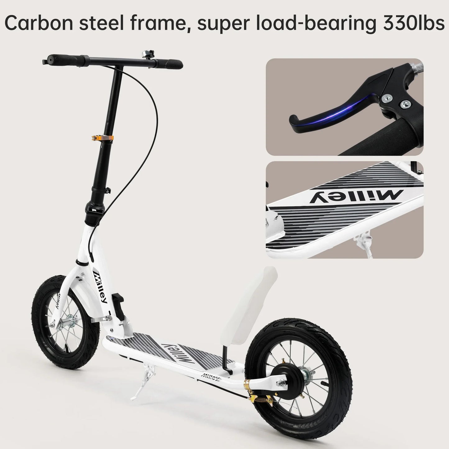 White Foldable Kick Scooter Ages 6+, Teens/Adults Max 220lb