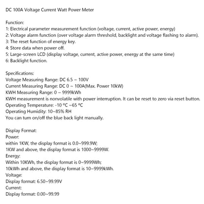 100A DC Digital Watt KWH Current Power Energy Meter Ammeter Voltmeter 100V