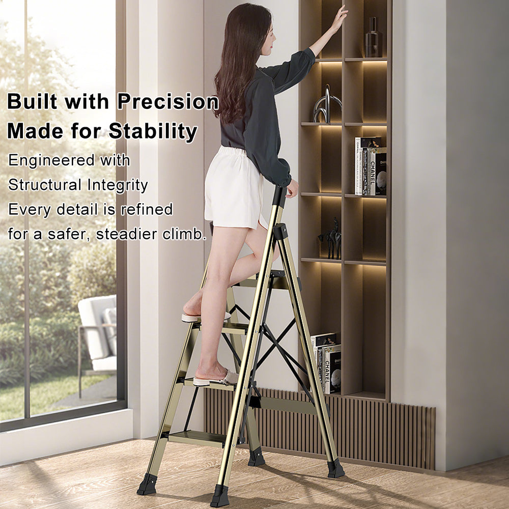 Ultra-Slim 4-Step Folding Ladder, Folds to 2.8", Lightweight Aluminum Step Stool with Safety Handle, 330lb Capacity