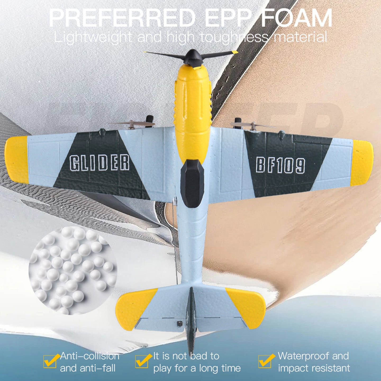 RC Airplane BF-109 Warbird – 3 Channel Remote Control Plane with 2.4GHz, 6-Axis Gyro & 2 Batteries