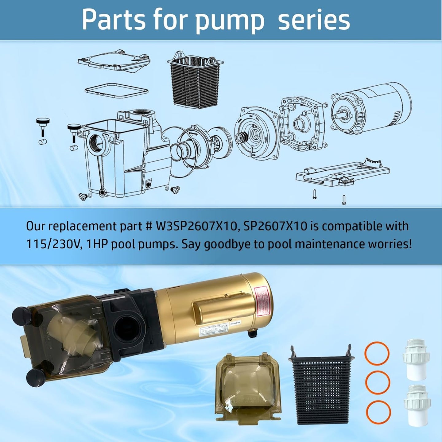 W3SP2607X10 For Hayward 1 HP Single Speed Pool Pump Waterfall