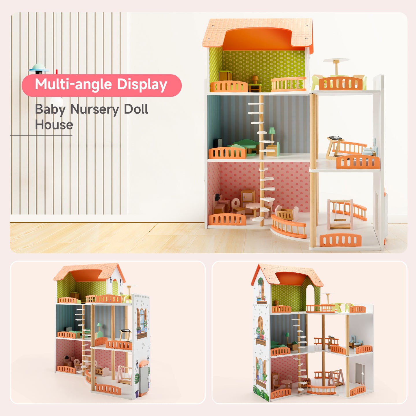 3 Story Wooden Doll House With Balcony 23 Accessories Toy Gift For 3 +Years Kids