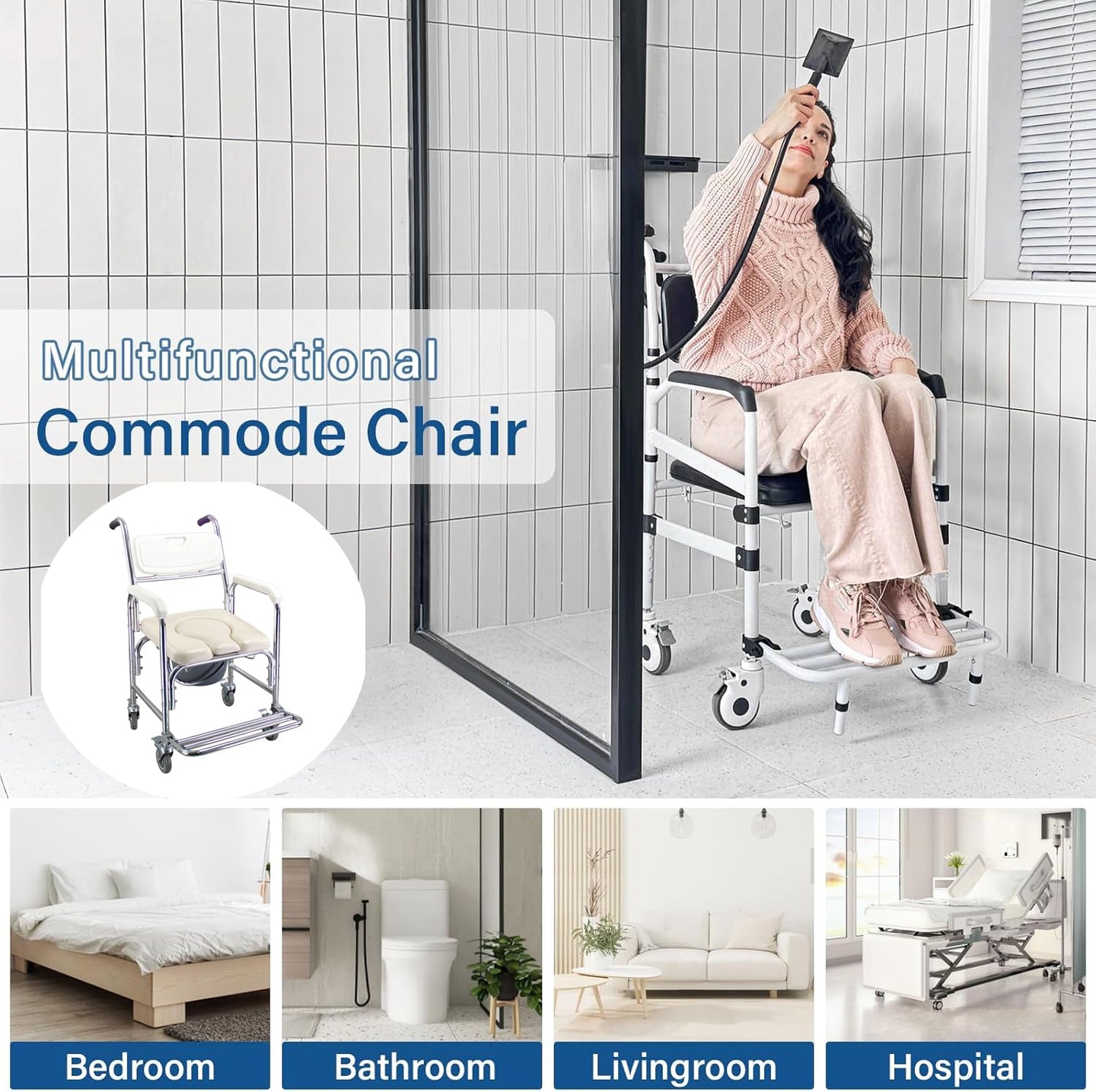 3-in-1 Shower Toilet Wheelchair ¨C Adjustable Commode Chair for Elderly or Patients