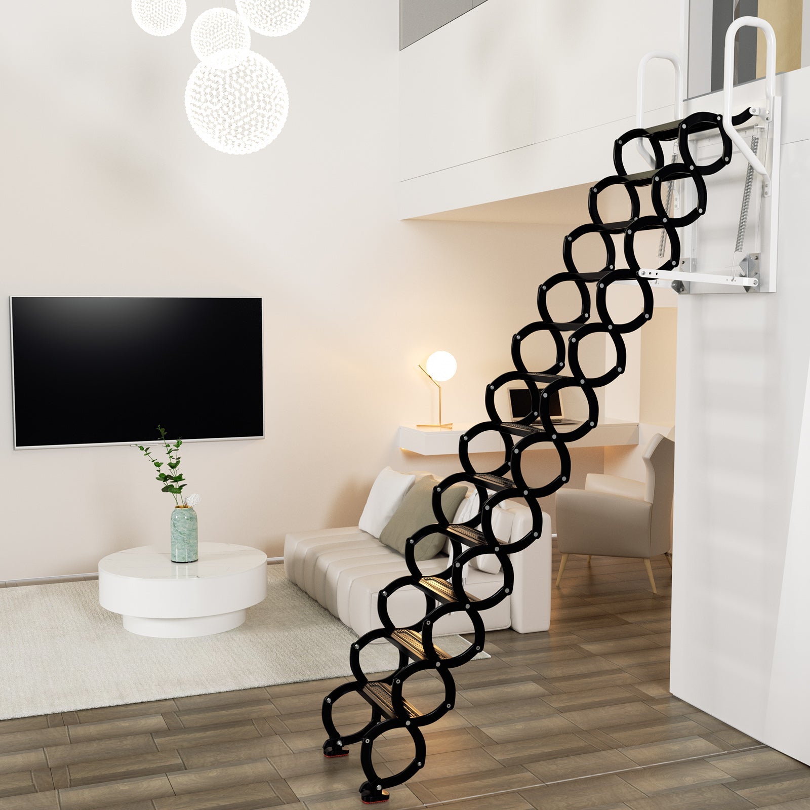 12-Step Folding Attic Ladder for 27.6" x 23.6" Wall Opening, 600 lbs Capacity Pull-Down Loft Stairs, up to 9.84ft Ceiling Height (Black)
