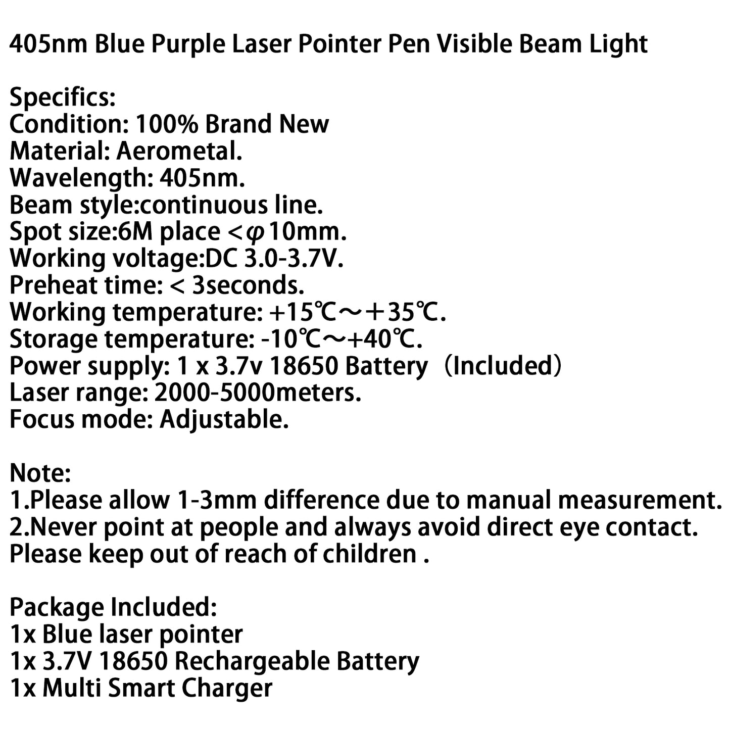 405nm 5mW Rechargeable Blue-Violet Laser Pointer Kit with 18650 Battery & Charger, High Power Pen for Presentations