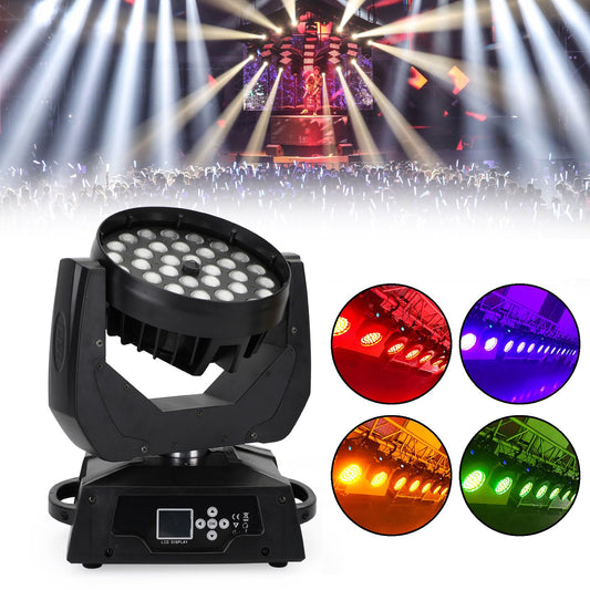 36x10W RGBW 4-in-1 LED Moving Head Wash Light with Zoom, DMX 15CH Control for Stage, DJ & Events