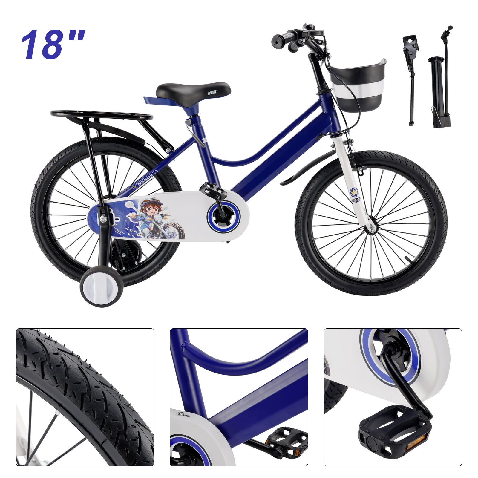 16" Kids Bike for Boys and Girls with auxiliary wheels & Rack Dark Blue