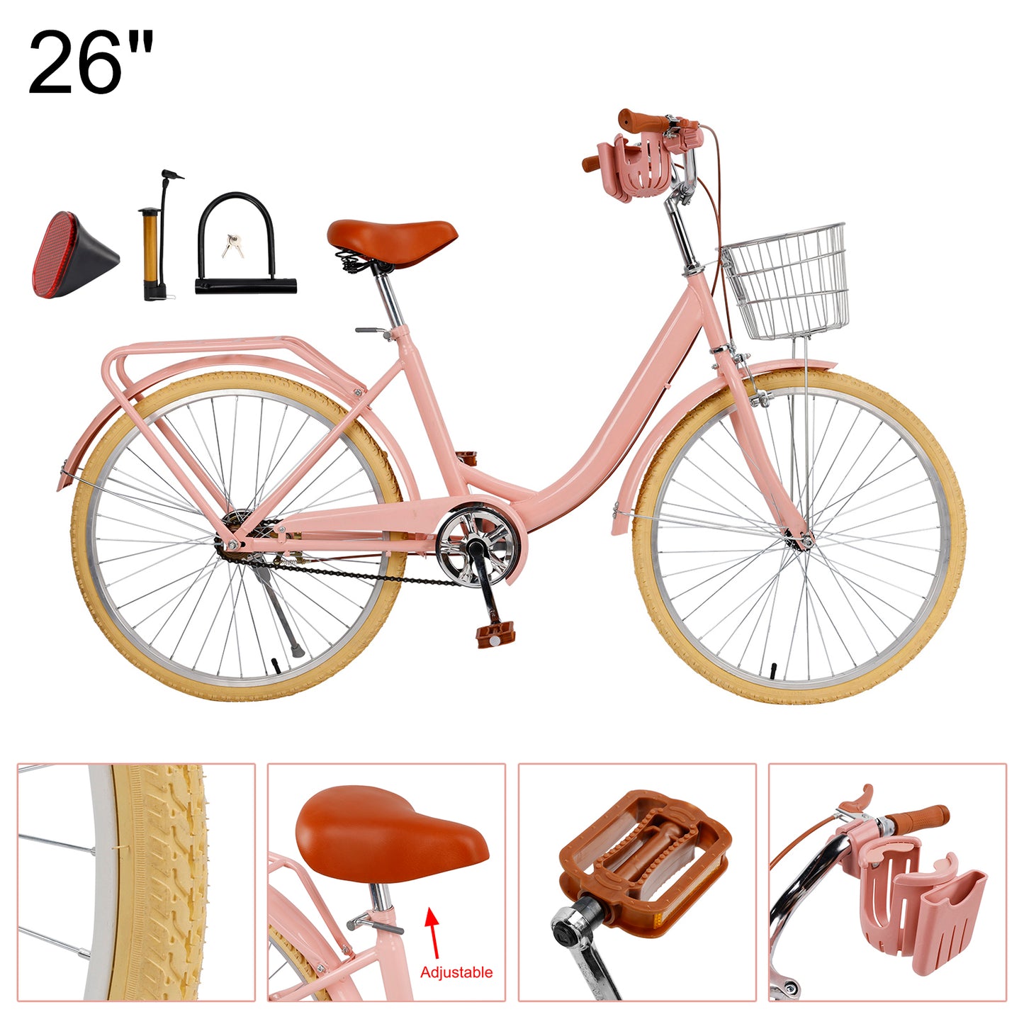 24/26 inch Women City Bicycle Beach Cruiser Bike with Basket & Rack