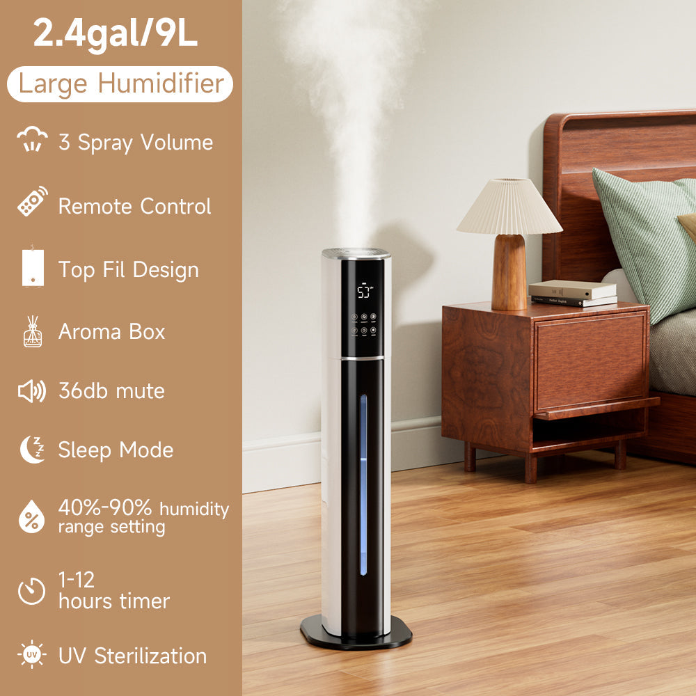 Large Room Humidifier with UV-C - Ultra-Quiet for Bedroom, 9L Tank, 3 Mist Settings