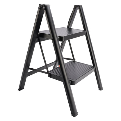 2-Step Ultra-Slim Folding Step Stool, 2" Thick Carbon Steel with Wide Anti-Slip Pedals, 330 lbs Capacity (Black)