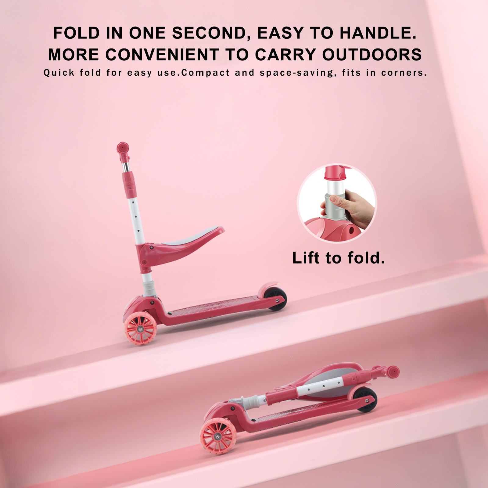 2-in-1 Kids Scooter Foldable Seat Light 3 Wheel Adjustable Folding Bar Pink