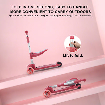 Convertible 2-in-1 Kids Scooter â€?Foldable Seat, LED Wheels, 3-Height Bar (Pink)