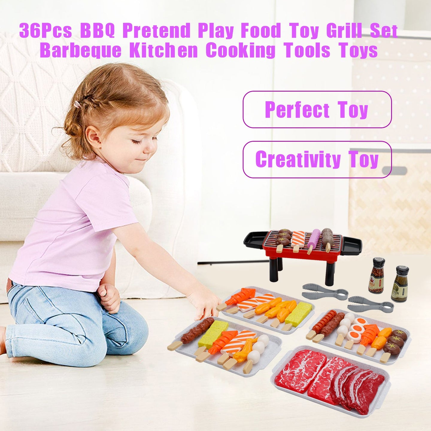 36PCS BBQ Pretend Play Food Toy Set – Grill & Kitchen Cooking Tools for Kids