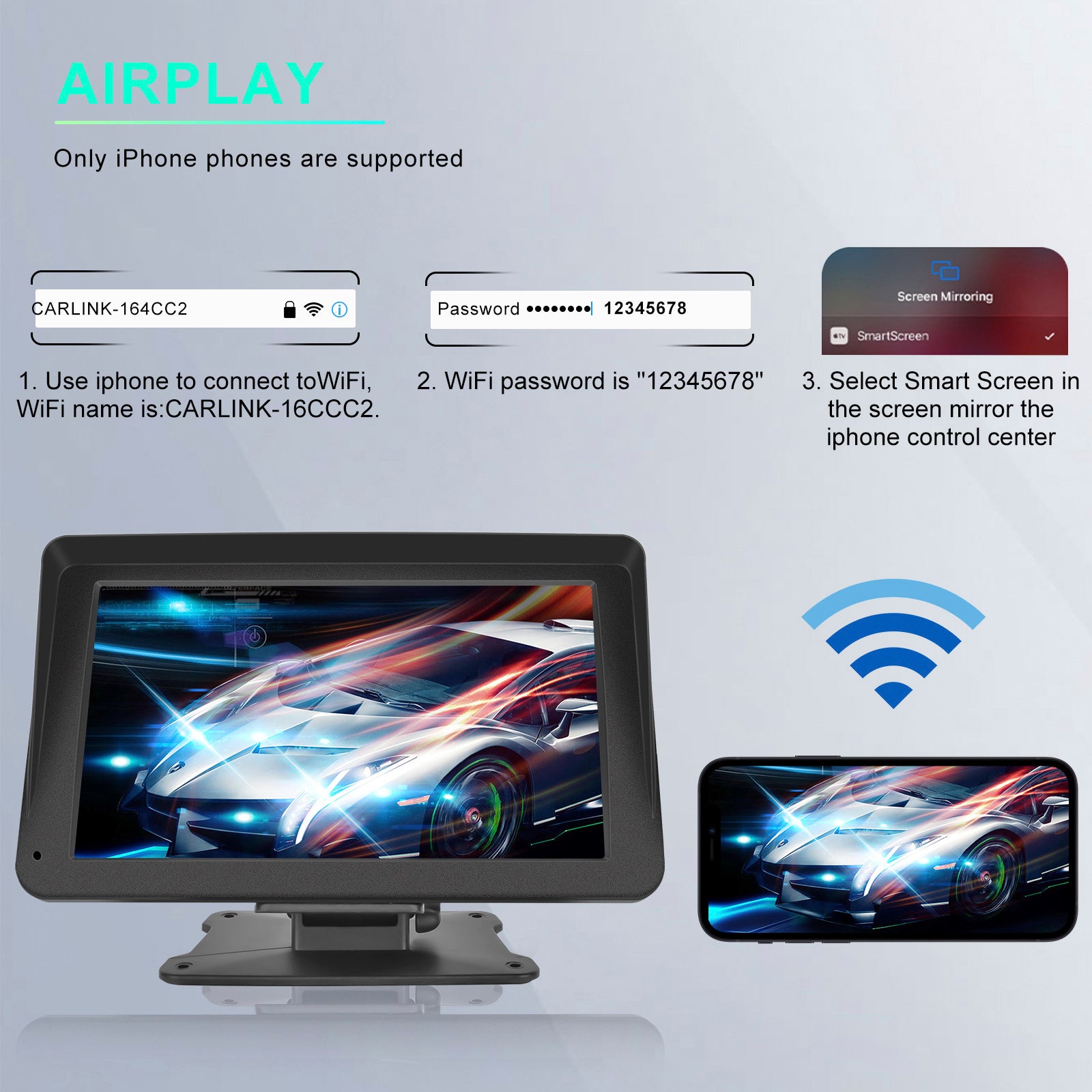7-inch Car Display Screen Apple CarPlay Android Auto Apple AirPlay 12 LED Camera