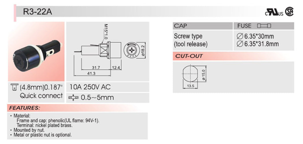 4PCS SCI R3-22 Panel Mount Chassis Fuse Holder For 6x30mm Glass Fuses 10A 250V
