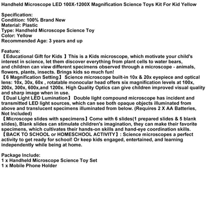 100X-1200X Kids Microscope Kit with Phone Adapter, Dual LED Light & Slides, Beginner STEM Science Toy for Homeschool (Yellow)