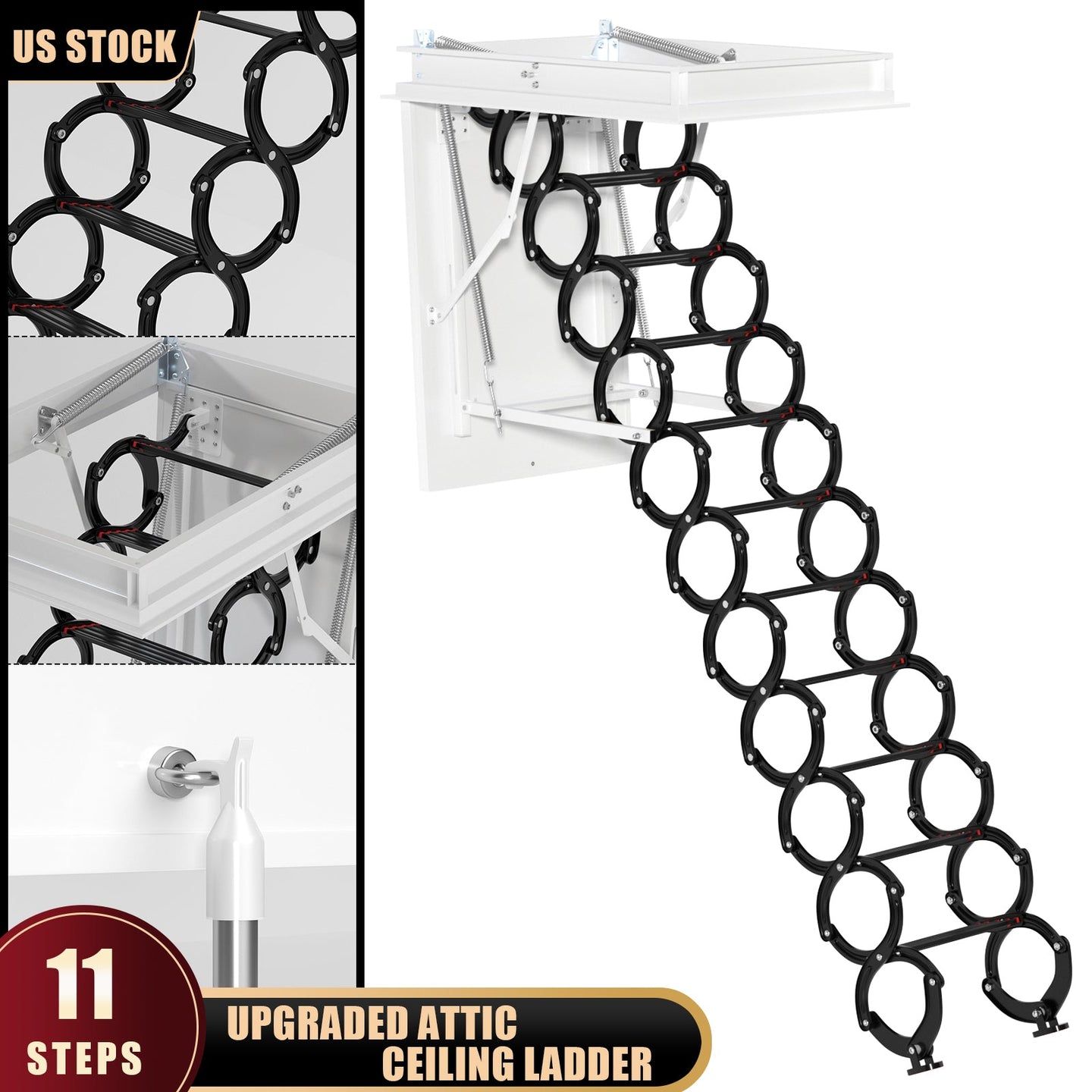 Upgraded 11-Step 3m Loft Attic Ladder – Folding Pulldown Ceiling Ladder 39.4×27.6 inch