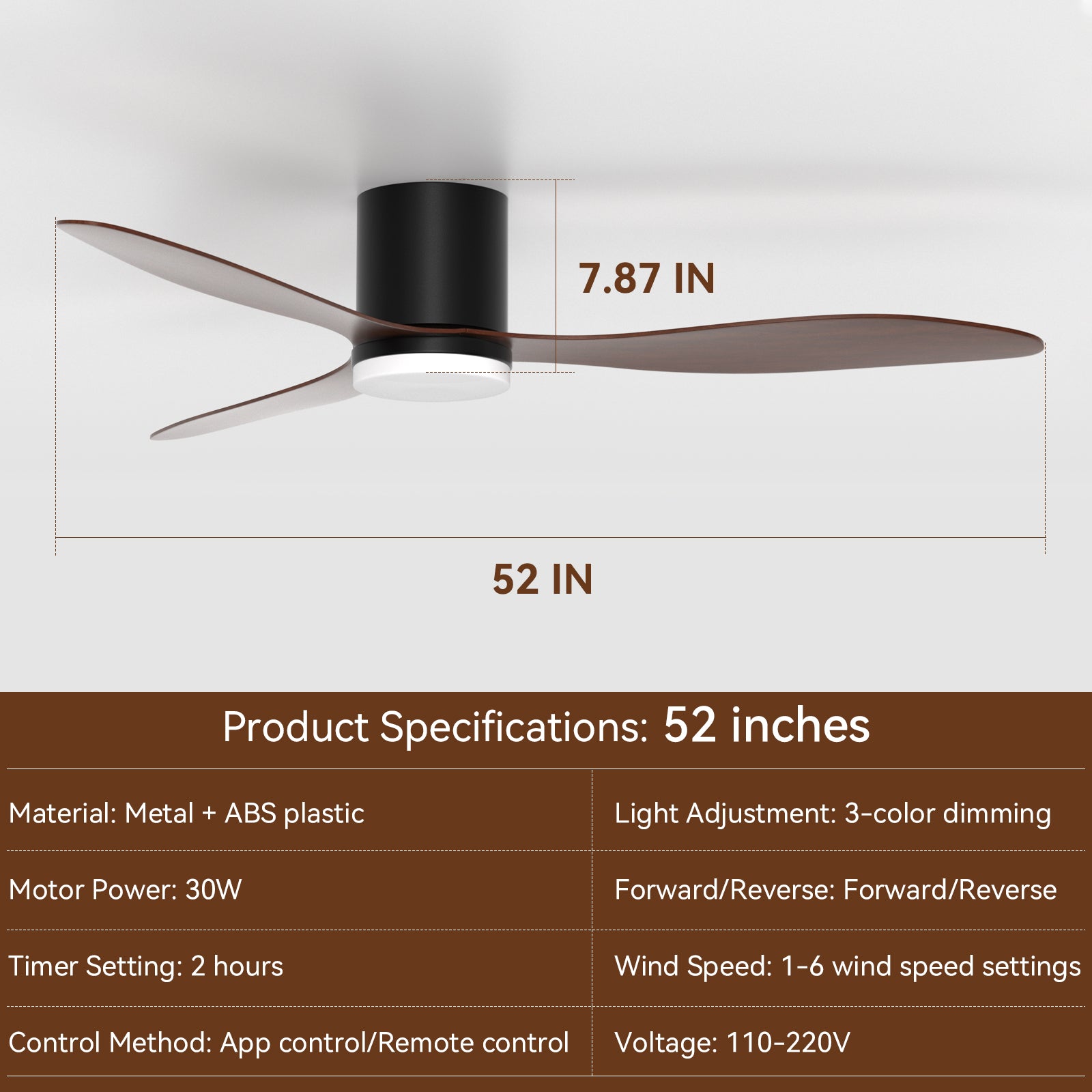52-Inch Smart Ceiling Fan with Light, Quiet DC Motor, Remote & App Control, Dimmable 3-Color LED, 6-Speed Reversible