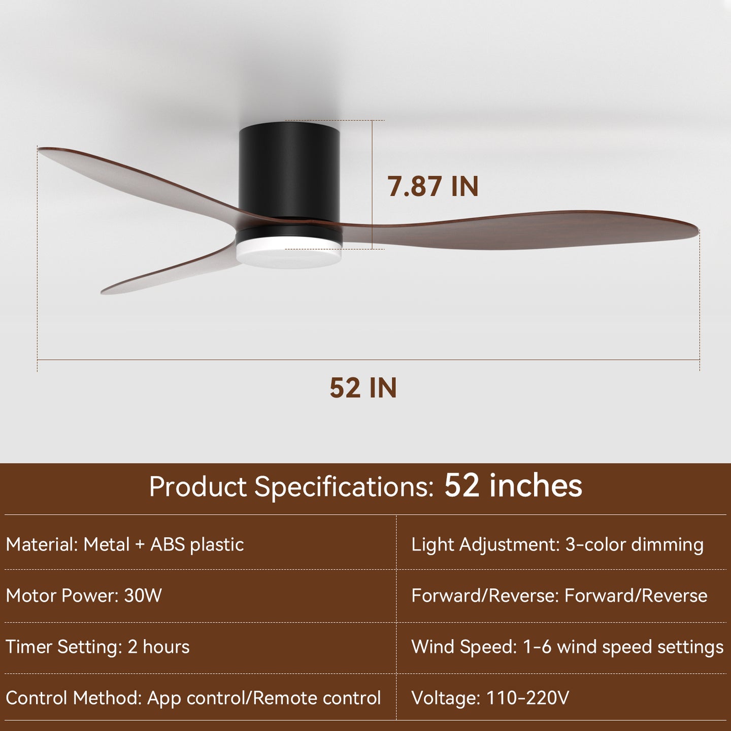 52-Inch Smart Ceiling Fan with Light, Quiet DC Motor, Remote & App Control, Dimmable 3-Color LED, 6-Speed Reversible