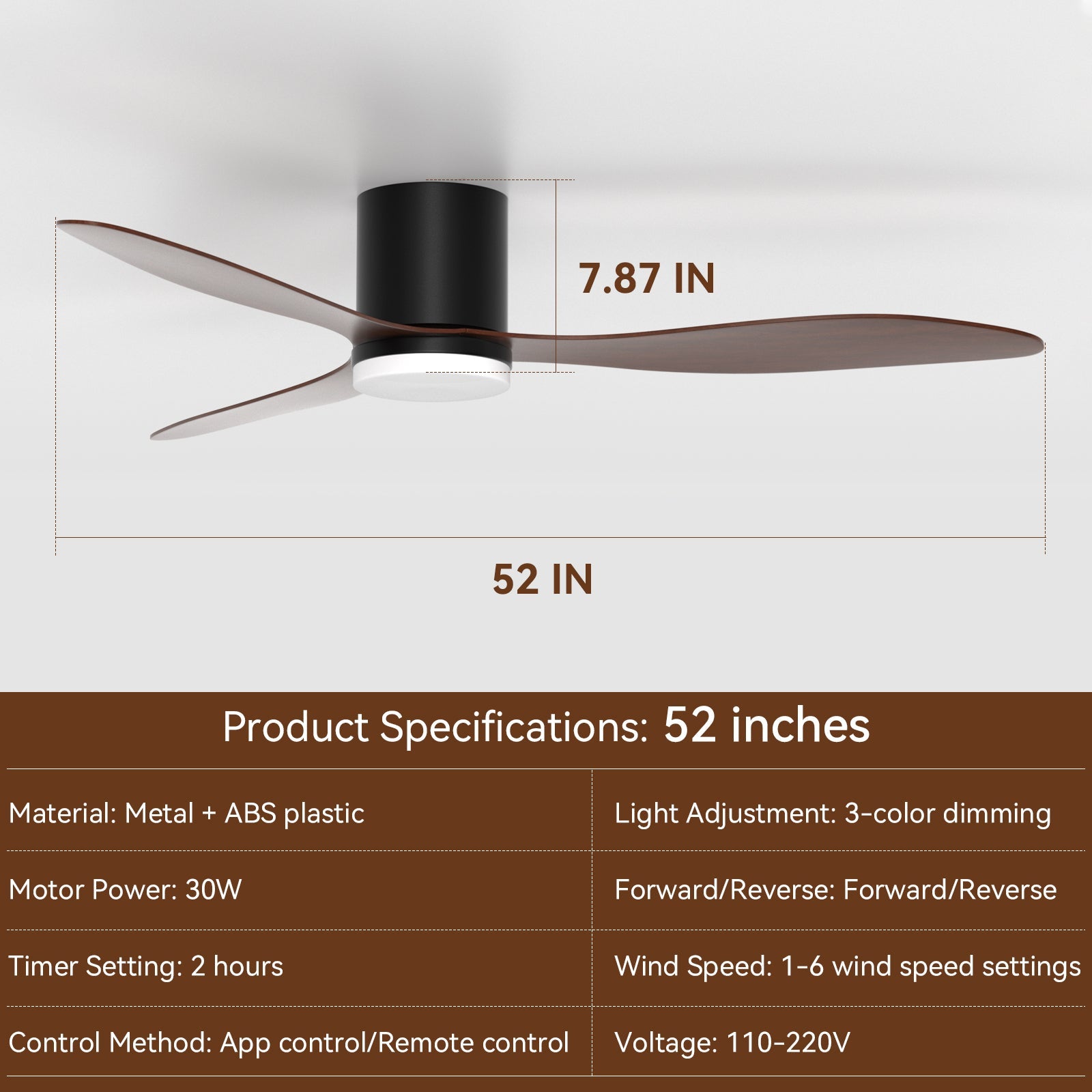 52-Inch Flush Mount Ceiling Fan – Low Profile DC Motor with Remote/App, Reversible, Dimmable LED Light for Bedroom & Indoor/Outdoor Use