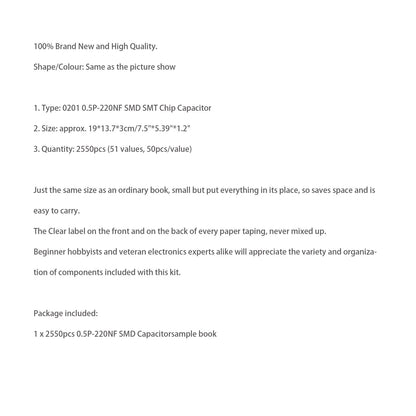 SMD0201 Capacitor sample book 51 values * 50pcs=2550pcs Capacitor kit SMD