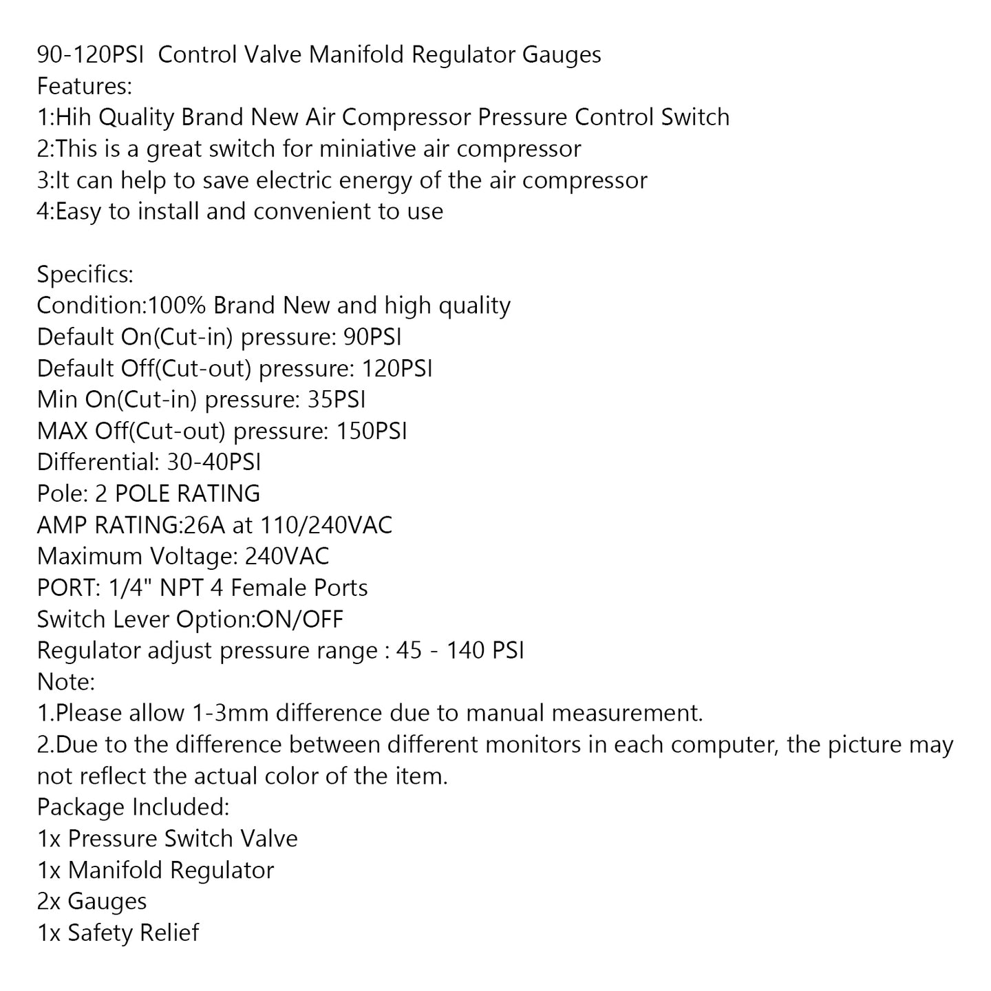 Air Compressor Pressure Control Switch Manifold Regulator Fitting