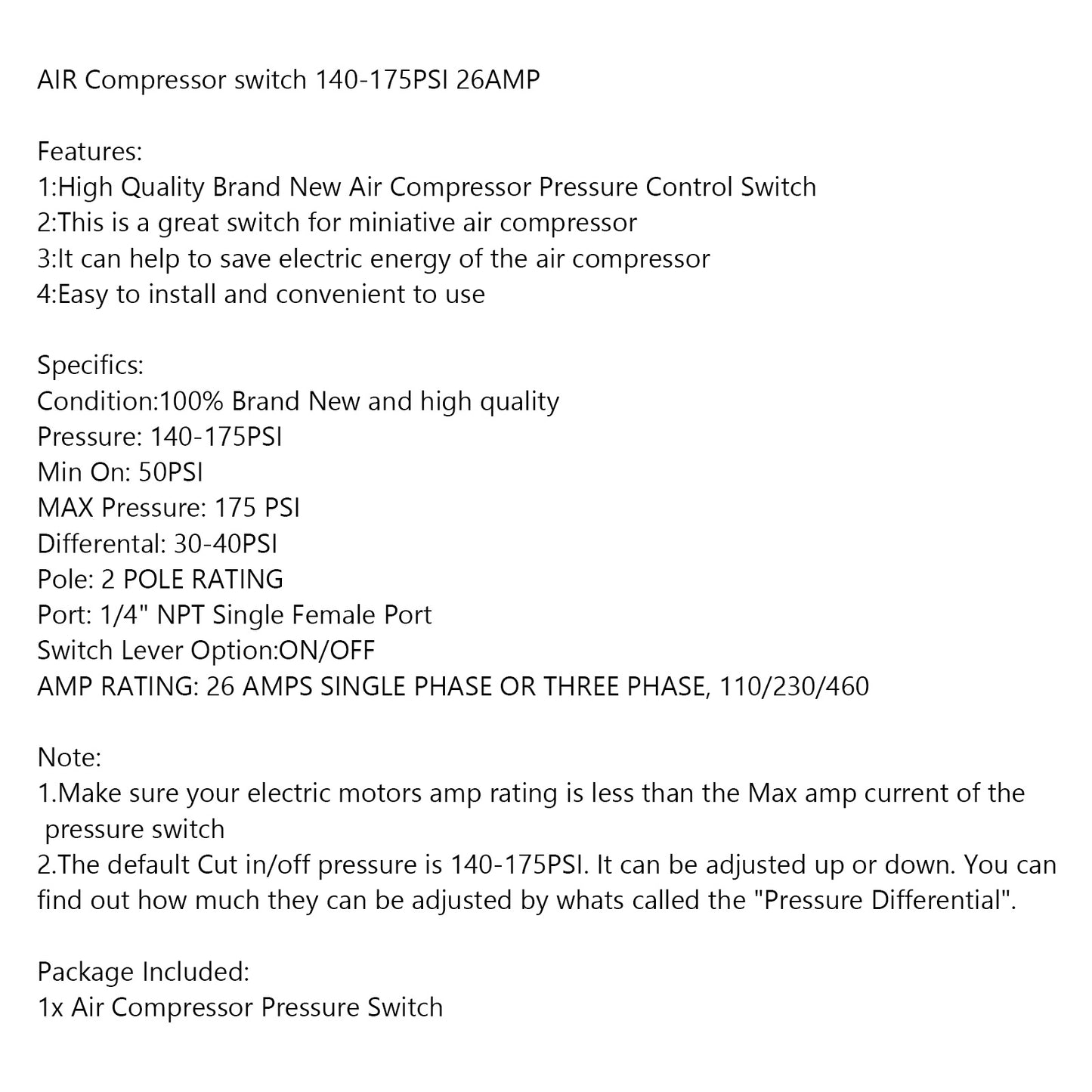 New Pressure Switch Control Air Compressor 140-175 PSI Heavy Duty 26 Amp US